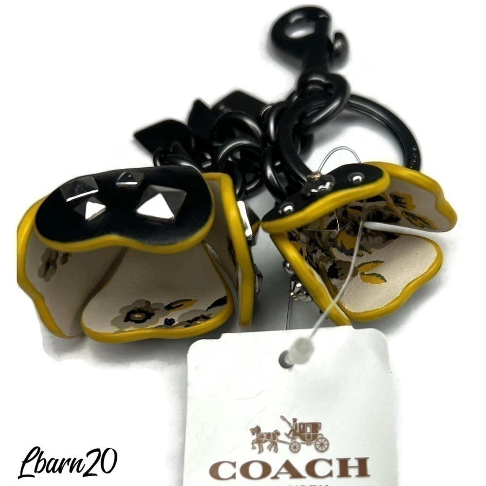 Coach Prairie Black Yellow Tearose Roses Floral Flower Keychain Fob NWT - Picture 5 of 10